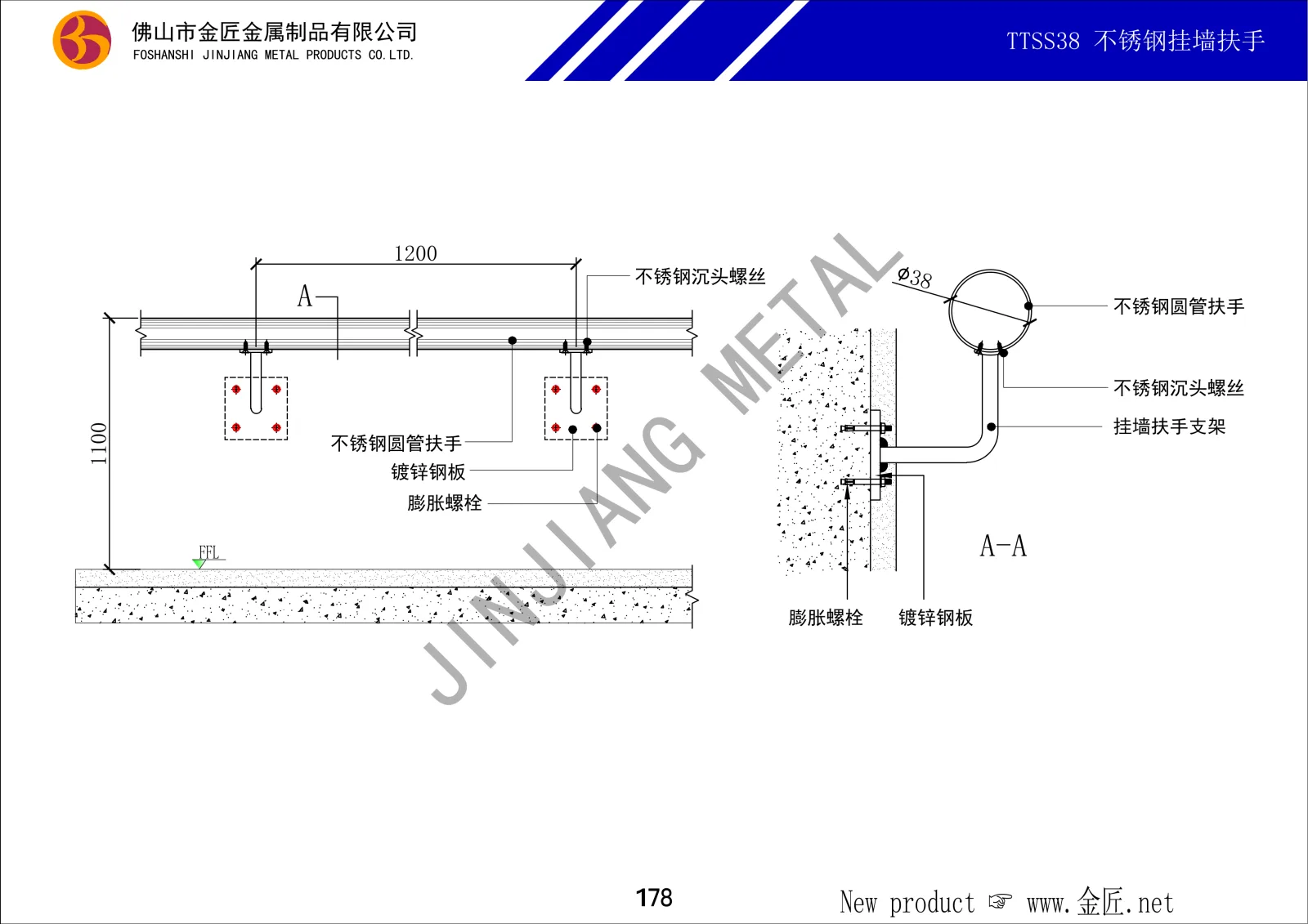 TTSS38 不锈钢挂墙扶手